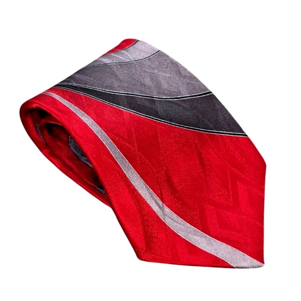 J. Ferrar Silk Tie Men's Red Grey Black Graphic Swoosh Made in USA Business
